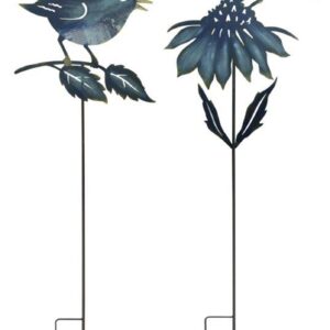 Iron Metal Cut Out Bird and Flower Garden Stake (Set of 2)