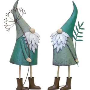 Iron Metal Standing Garden Gnome with Flower (Set of 2)