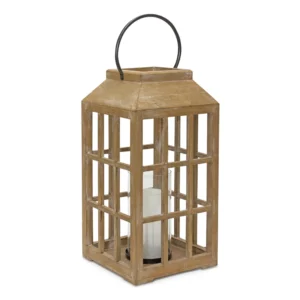 Natural Wooden Lantern with Glass Hurricane